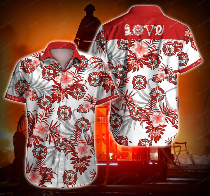 Firefighter Love Red Hawaii Shirt Summer Button Up Shirt For Men Beach Wear Short Sleeve Hawaii Shirt