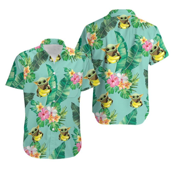 Baby Yoda Hugging Bananas Seamless Tropical Flowers And Green Leaves On Green Hawaiian Shirt