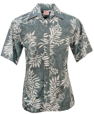 Mini Tahitian Reversed Print Mens Hawaiian Aloha Shirt in Green & White
