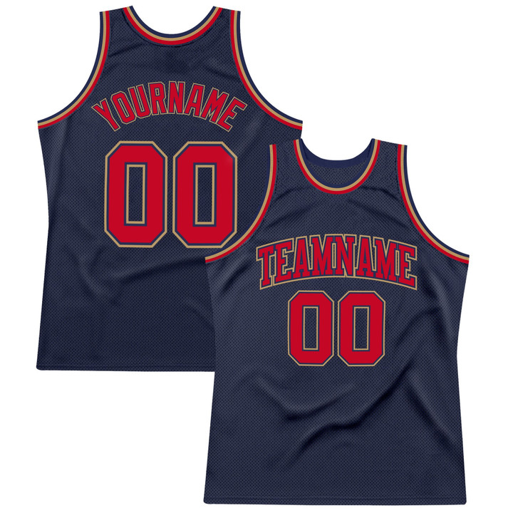 Custom Navy Red-Old Gold Authentic Throwback Basketball Jersey