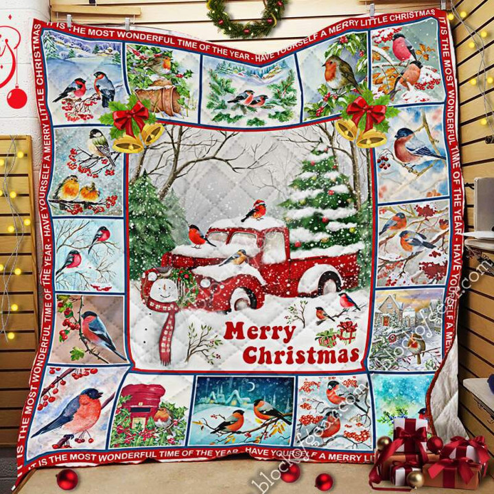 Christmas Red Truck And Bullfinch 3D Quilt Blanket Size Single, Twin, Full, Queen, King, Super King  