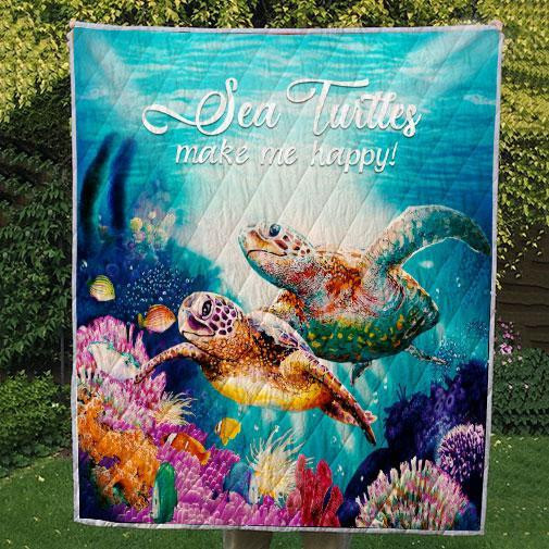 Sea Turtles Make Me Happy 3D Customized Quilt Blanket Size Single, Twin, Full, Queen, King, Super King  