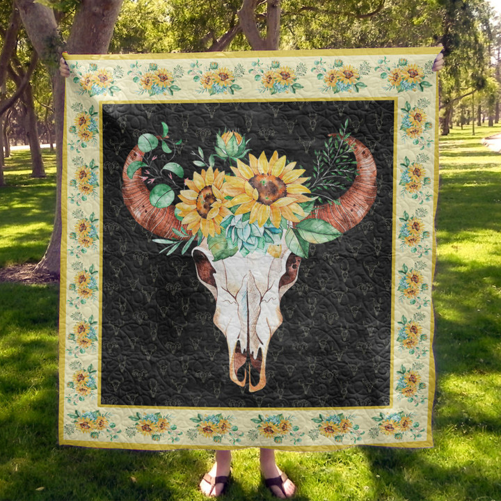 Cowskull Sunflower 3D Quilt Blanket Size Single, Twin, Full, Queen, King, Super King  