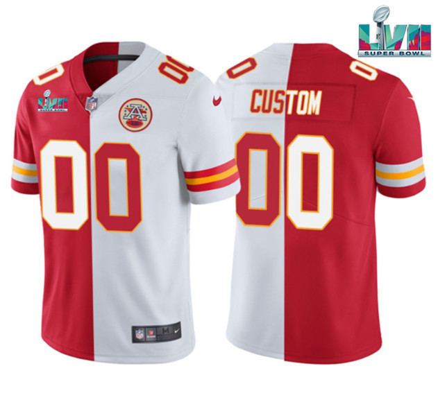 Custom Nfl Jersey, Men's Kansas City Chiefs Custom ACTIVE PLAYER Red White Split Super Bowl LVII Patch Vapor Untouchable Limited Stitched Jersey