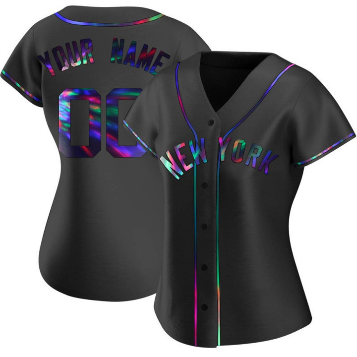 Customized Yankees Jersey, Custom Women'S New York Yankees Alternate Jersey - Black Holographic Replica