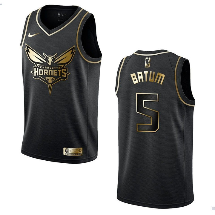 Men's   Charlotte Hornets #5 Nicolas Batum Golden Edition Jersey - Black , Basketball Jersey