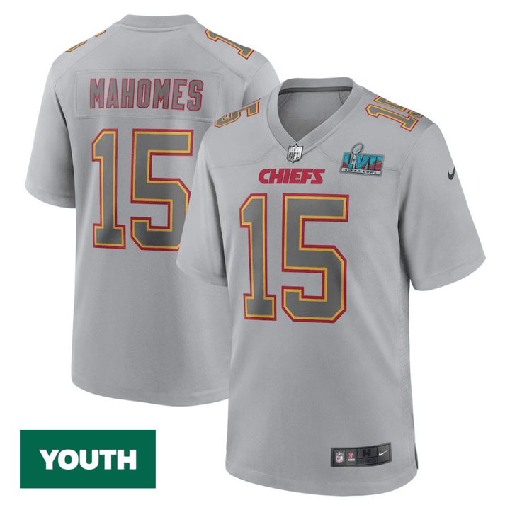 Youth's Patrick Mahomes Gray Kansas City Chiefs Super Bowl LVII Patch Atmosphere Fashion Game Jersey