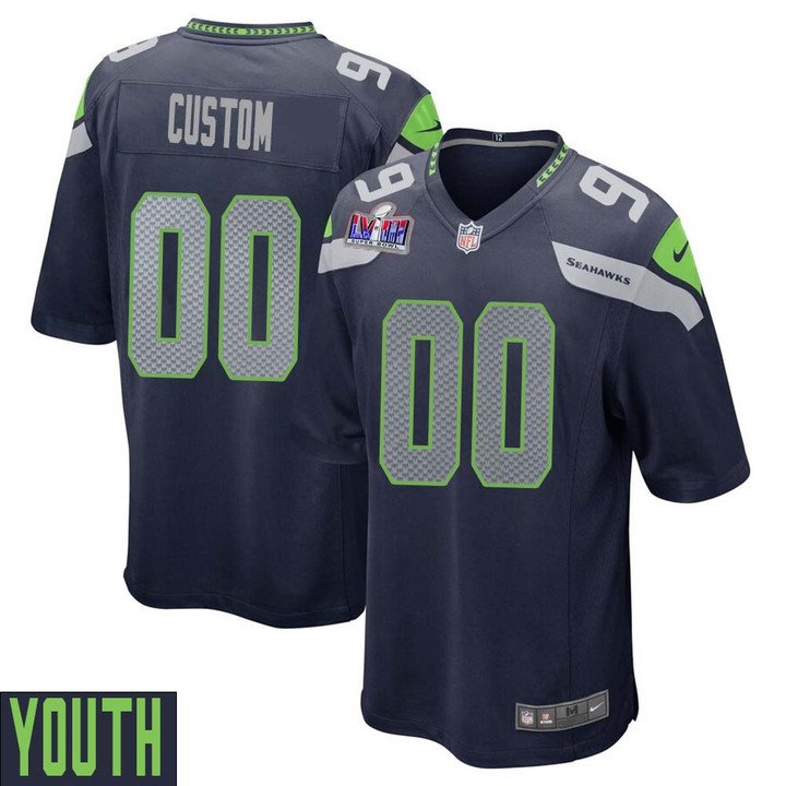 Custom Seattle Seahawks Super Bowl LVIII Home Game Jersey – College Navy for Youth – Replica