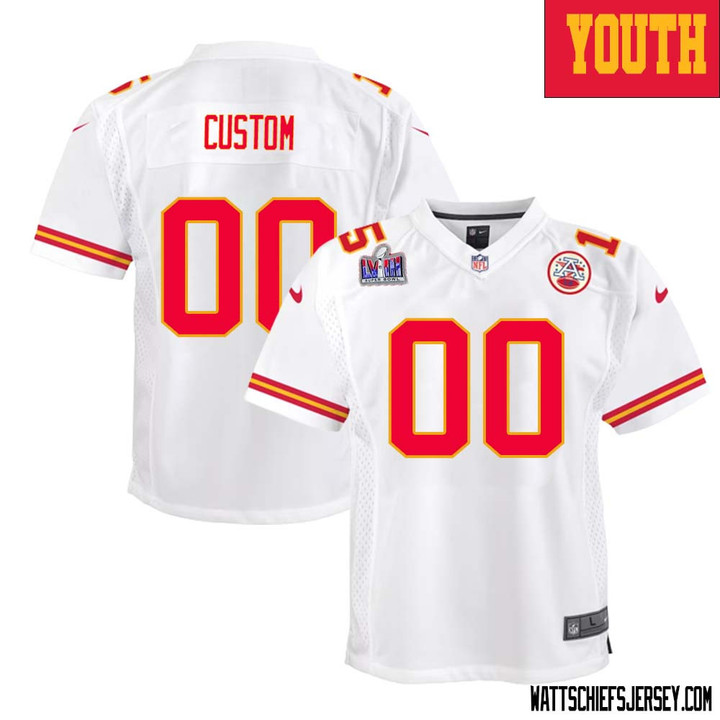 Custom Kanas City Chiefs Super Bowl LVIII Away Game Jersey for Youth – White – Replica