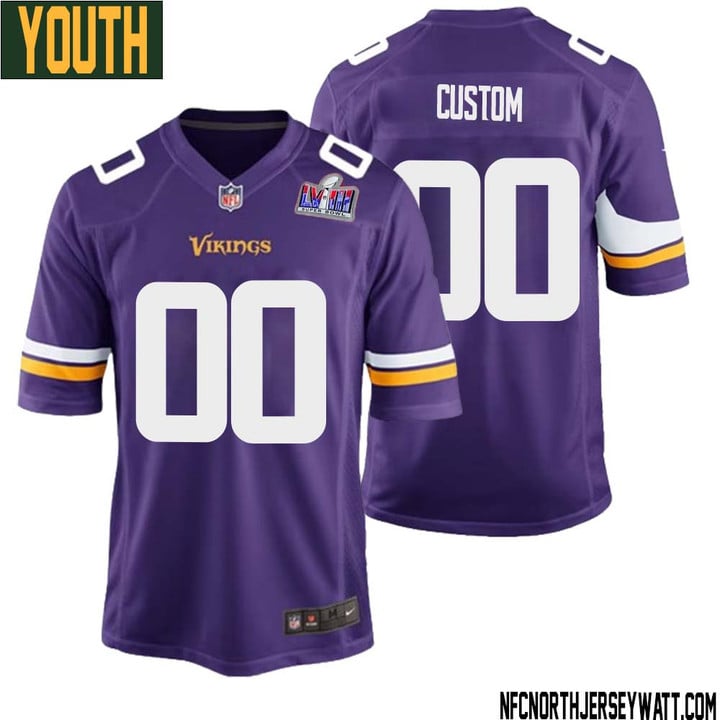 Custom Youth Minnesota Vikings Super Bowl LVIII Game Jersey – Court Purple – Replica