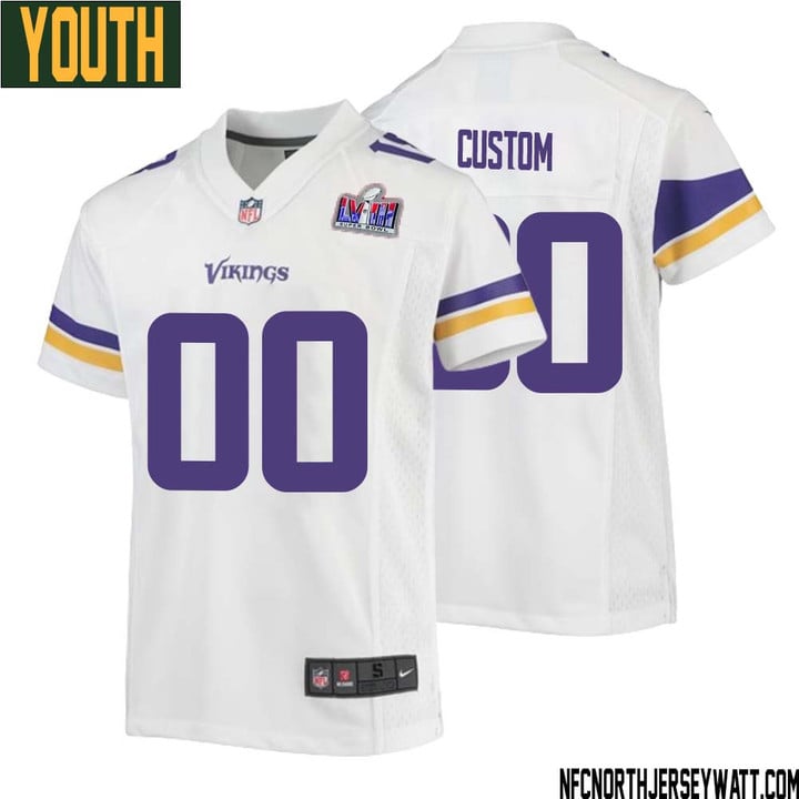 Youth Custom White Minnesota Vikings Super Bowl LVIII Game Player Jersey – Replica