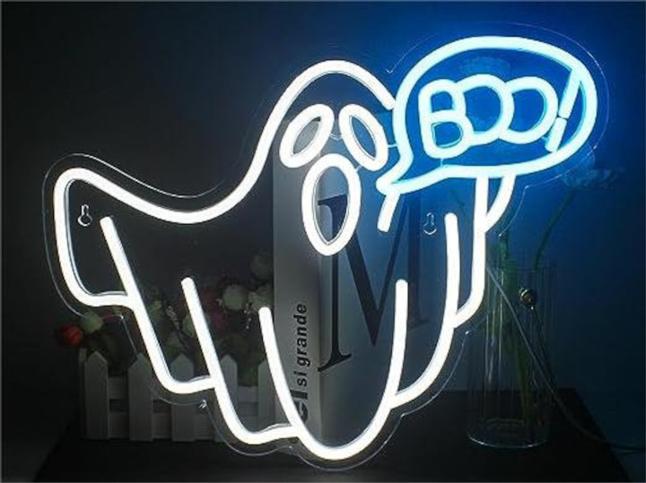 Ghost Neon Sign Halloween, White Blue Led Boo Neon Light Signs for Bedroom Game Room Beer Bar Man Cave Party Decorations Kids Gifts