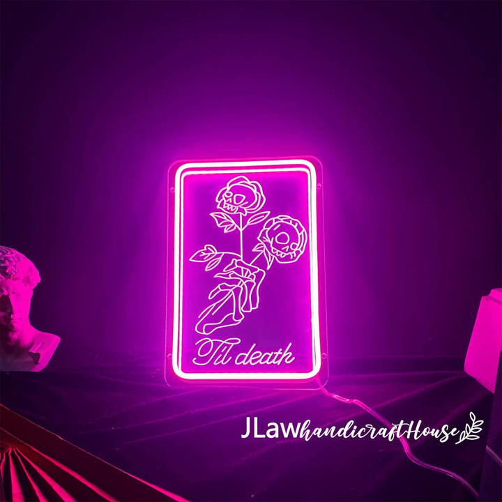 Til Death Neon Sign Custom ,Skeleton Flowers Halloween Wedding Decoration,Halloween Night Light Home Wall Decor,Personalized Gift for Couple