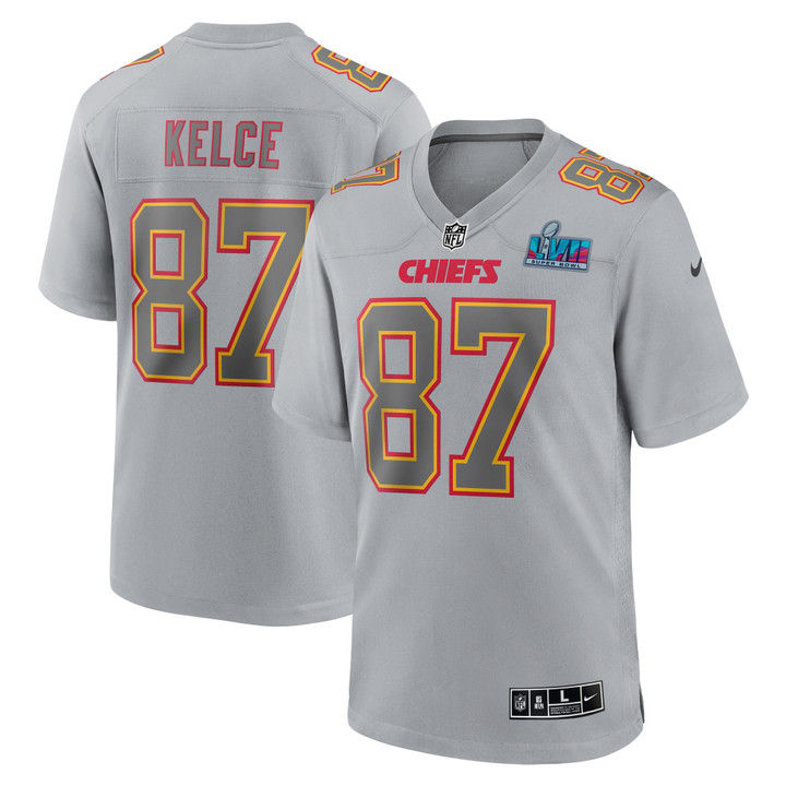 Men's Travis Kelce Kansas City Chiefs Super Bowl LVII Patch Atmosphere Fashion Game Jersey - Gray