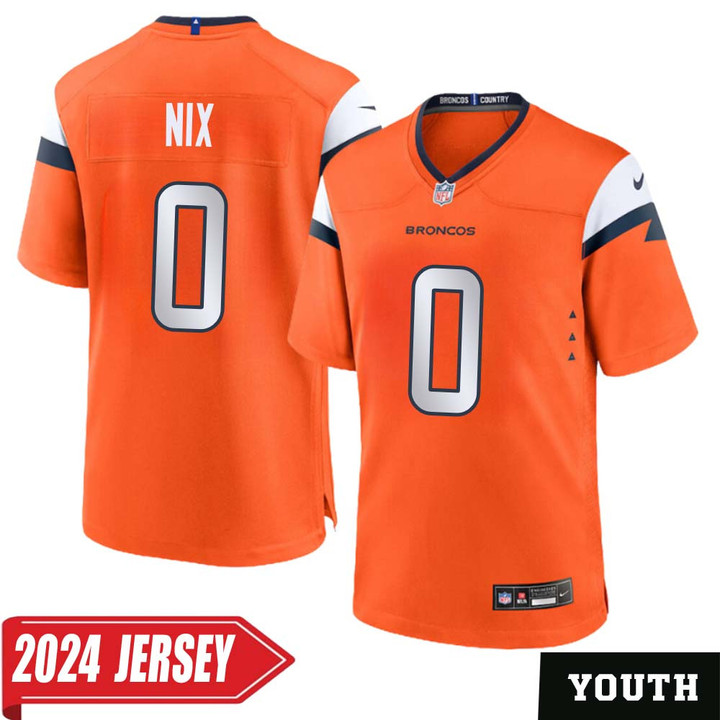 Bo Nix No 0 Youth's Denver Broncos Orange Home Game 2024 Jersey
