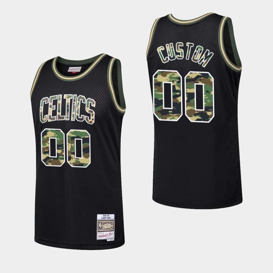 Men's Boston Celtics #00 Custom Black Straight Fire Camo Jersey - Wairaiders