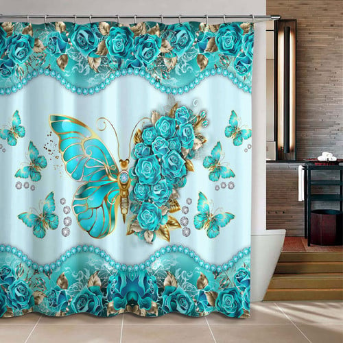  Butterfly Floral Turquoise Color Shower Curtain