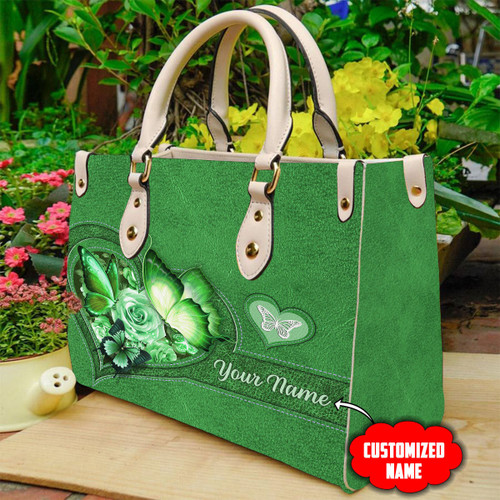  Customized Name Green Butterfly Printed Leather Bag