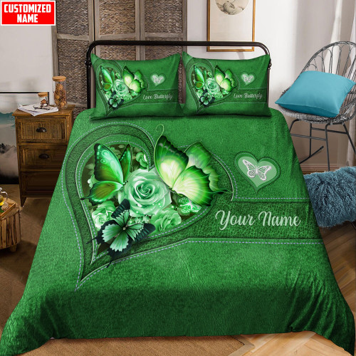  Customized Name Butterfly Green Color Bedding Set