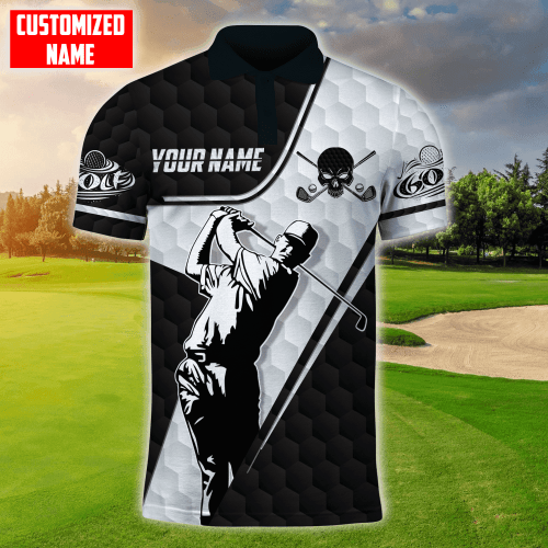  Personalized Golf Skull Black And White All Over Printed Pattern Polo Shirts