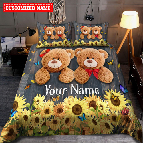  Customized Name Teddy Bear Sunflower Bedding Set