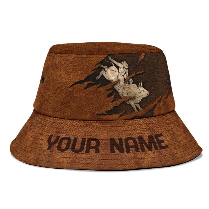 Personalized Name Bull Riding Bucket Hat Leather Texture