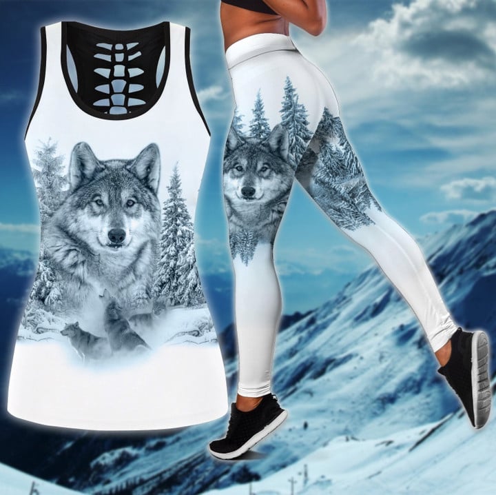 Beautifull White Wolf 3D All Over Printed Legging + Hollow Tank Combo