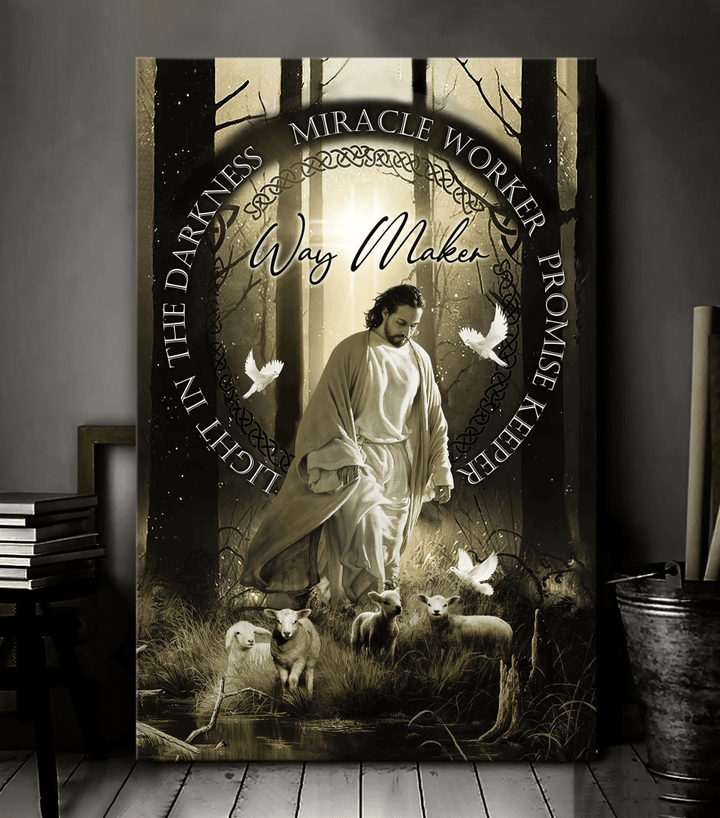 Jesus doves and lambs Miracle worker light in the darkness Portrait Canvas Print Wall Art