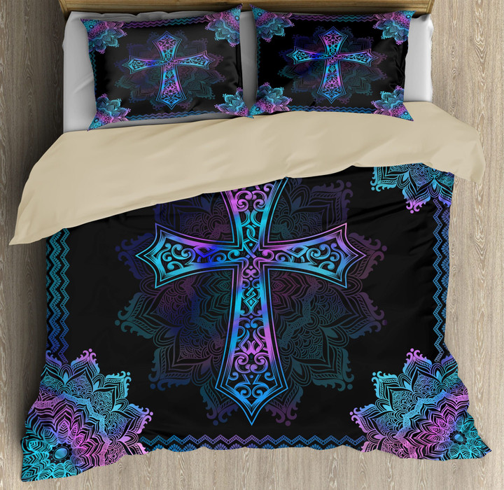 Pink Blue Hologram Mandala Cross 3D AOP Bedding Set