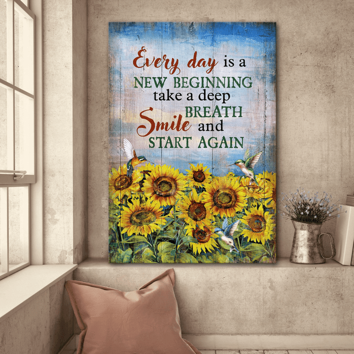 Jesus Sunflower field and hummingbird Every day is a new beginning Jesus Portrait Canvas Print Wall Art