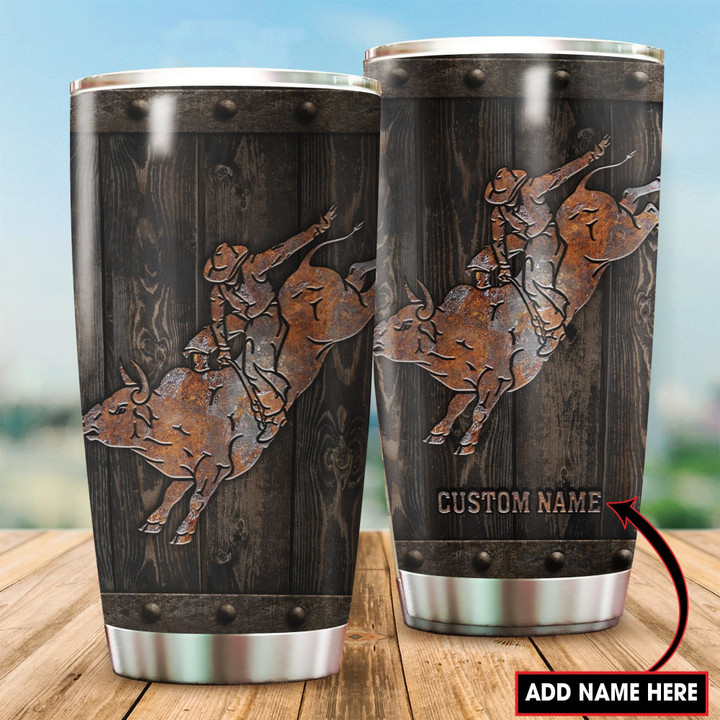  Personalized Name Bull Riding Stainless Steel Tumbler Bull Wood Texture
