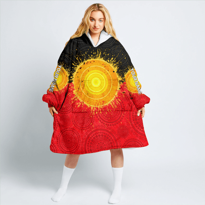 Custom name Aboriginal Flag Indigenous Sun Unisex Oodie oversized wearable blanket BeeBuble