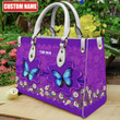  Custom Name Purple Butterfly All Over Printed Leather Handbag