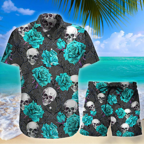 Turquoise Rose Skull Hawaii Shirt Combo With Short