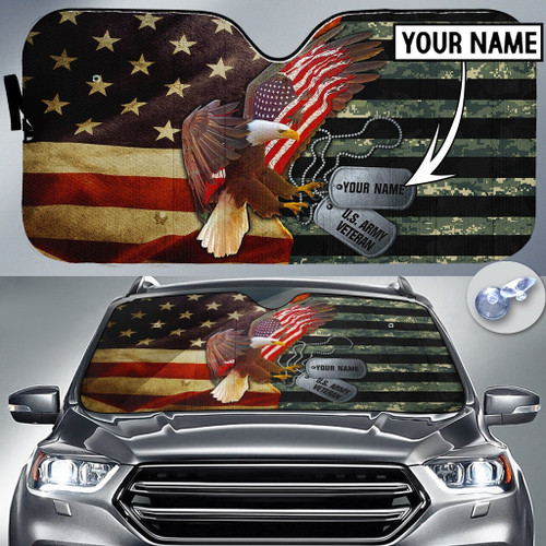 Personalized Name US Army Veteran Eagle Flag Car Auto Sunshade