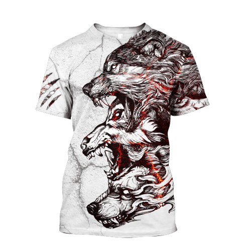 Three Gray Wolfs White Tattoo Tshirt 3D All Over Printed Shirt for Men and Women