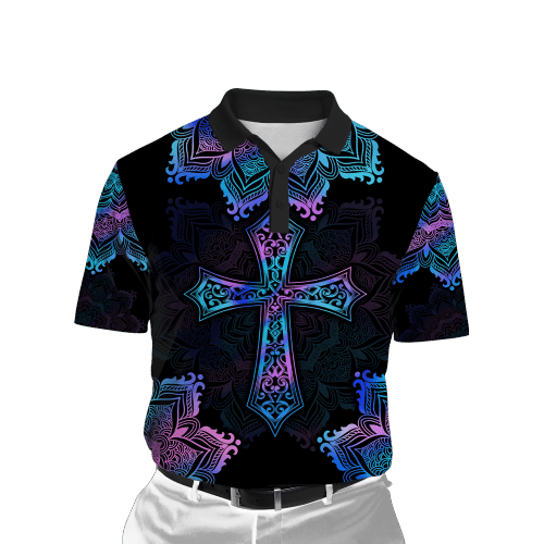 Pink Blue Hologram Mandala Cross 3D AOP Polo Shirt