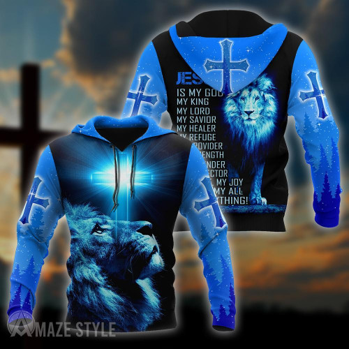 Jesus Christ Cross and Lion Blue 3D Printed Hoodie, T-Shirt for Men and Women