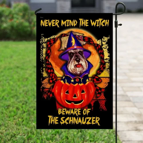 Never Mind The Witch Beware Of The Schnauzer Halloween Garden Decor Flag | Denier Polyester | Weather Resistant | GF1779