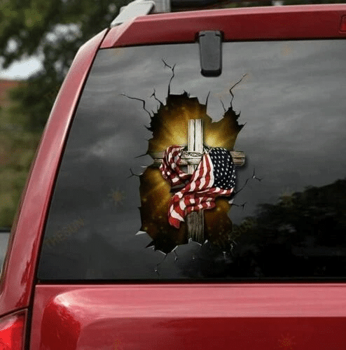 Cross With Flag American Cracked Car Decal Sticker | Waterproof | Easy Install | PVC Vinyl | CCS1766