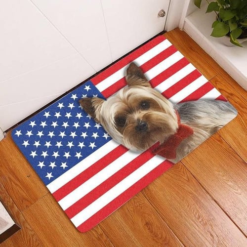 Yorkshire Terrier With American Flag Easy Clean Welcome DoorMat | Felt And Rubber | DO1835