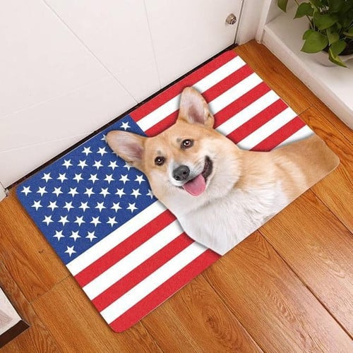 Welsh Corgi With American Flag Easy Clean Welcome DoorMat | Felt And Rubber | DO1826