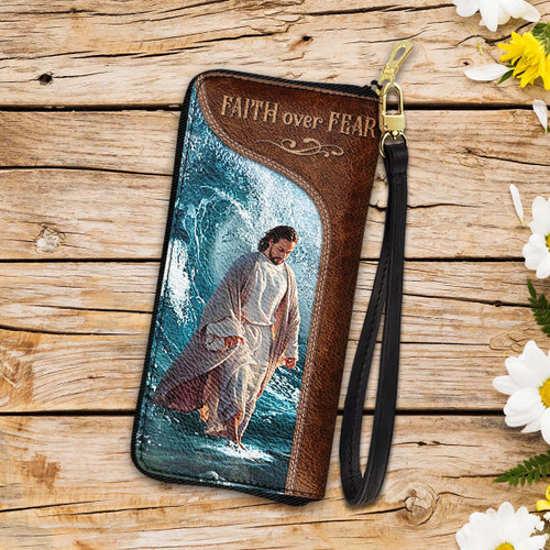 Faith Over Fear Jesus Ocean Zip Around Leather Wallet 