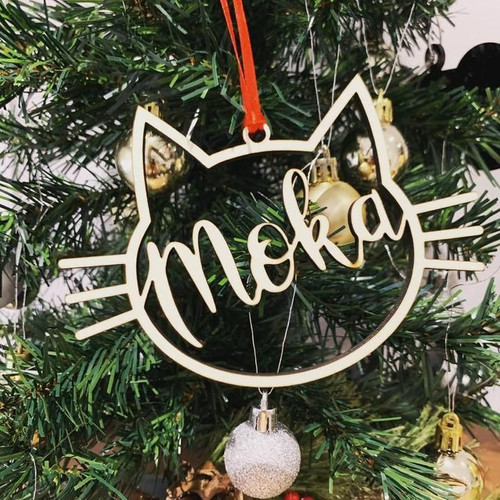 Custom Name Cat Face Christmas Hanging Wooden Ornaments