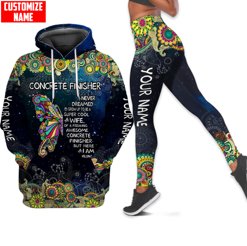  Wife of Concrete Finisher Custom name butterfly pattern combo legging hoodie