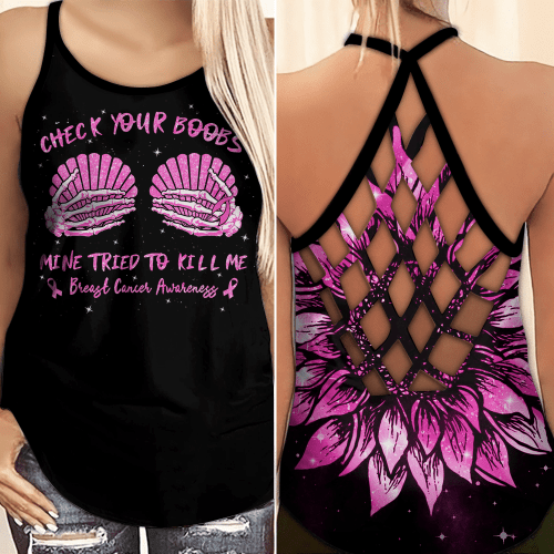  Breast Cancer Awareness "Check Your Boobs Mine Tried To Kill Me" Criss-Cross Tank Top