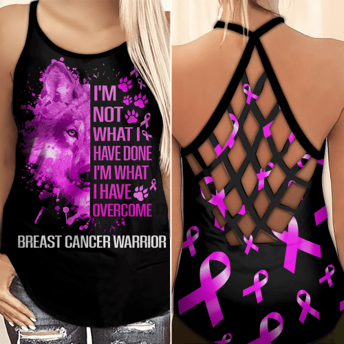  Breast Cancer Awareness "I'm Not What I Have Done I'm What I Have Overcome" Criss-Cross Tank Top