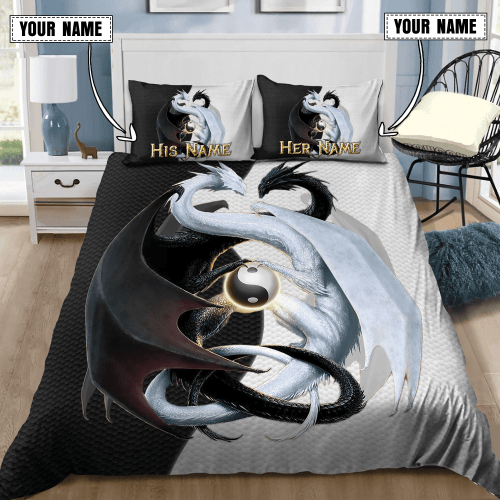  Customize Name Couple Dragon Black And White Bedding Set