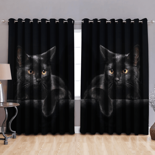  Cute Black Cat On The Night Window Curtains MH