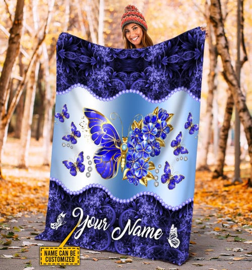  Personalized Butterfly Flower Blue Blanket